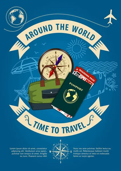 Time to travel banner or poster with travel bag, compass, passport and boarding passes tickets. Concept for travel and vacations. — Stock Vector