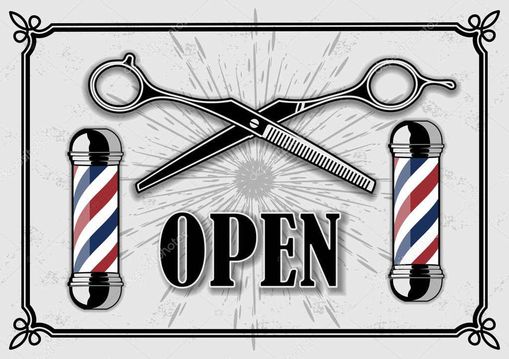 Open sign with hairdressing scissors for barber shop. Vector illustration