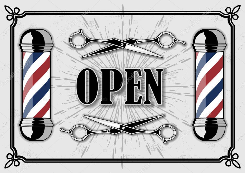 Open sign with hairdressing scissors for barber shop. Vector illustration