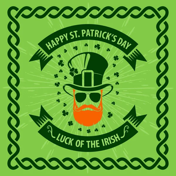 St. Patrick 's Day Poster, banner, rótulo, crachá, emblema ou cartão com design hipster leprechaun . — Vetor de Stock