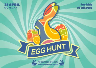 Yumurta ve sevimli tavşan ile Easter Egg Hunt poster ya da davetiye tasarım. Vektör çizim