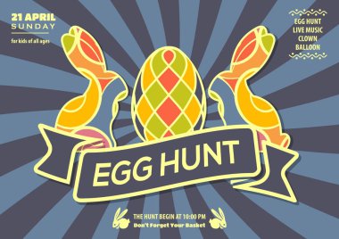 Yumurta ve sevimli tavşan ile Easter Egg Hunt poster ya da davetiye tasarım. Vektör çizim