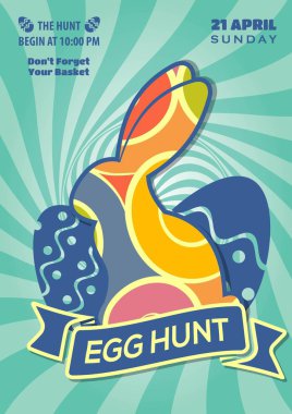 Yumurta ve sevimli tavşan ile Easter Egg Hunt poster ya da davetiye tasarım. Vektör çizim