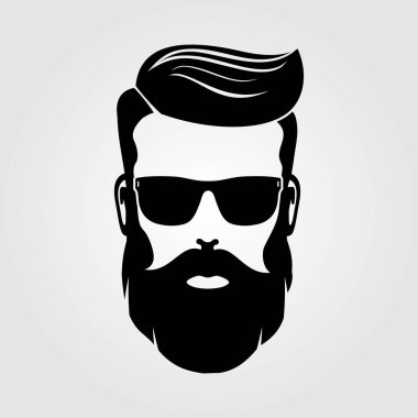 Sakallı adam, hipster yüz. Moda siluet, amblem, simge, etiket. Vektör çizim