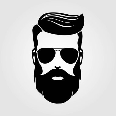 Sakallı adam, hipster yüz. Moda siluet, amblem, simge, etiket. Vektör çizim