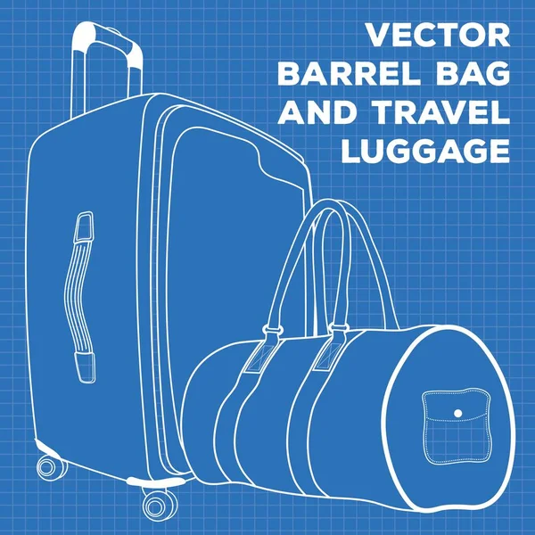 Blaupause von Koffer oder Reisegepäck und Fasssack isoliert auf weißem Hintergrund. Vektorillustration — Stockvektor