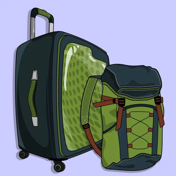 Koffer of reizen bagage en rugzak geïsoleerd op een witte achtergrond. Vectorillustratie — Stockvector