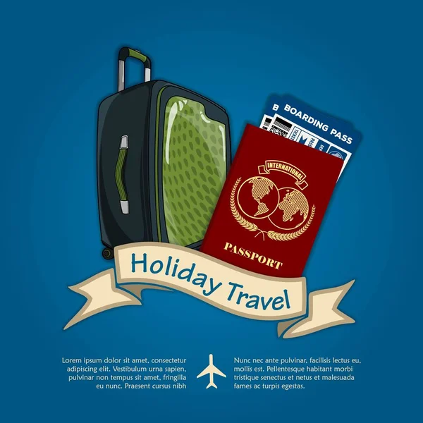 Holiday Travel banner or poster with travel luggage and International passport with boarding passes tickets for traveling by plane. Concept for travel and vacations. Vector illustration — Stock Vector