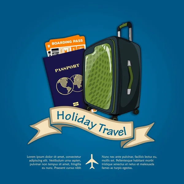 Reisebanner oder Plakat mit Reisegepäck und internationalem Reisepass mit Bordkarten für Flugreisen. Konzept für Reisen und Urlaub. Vektorillustration — Stockvektor