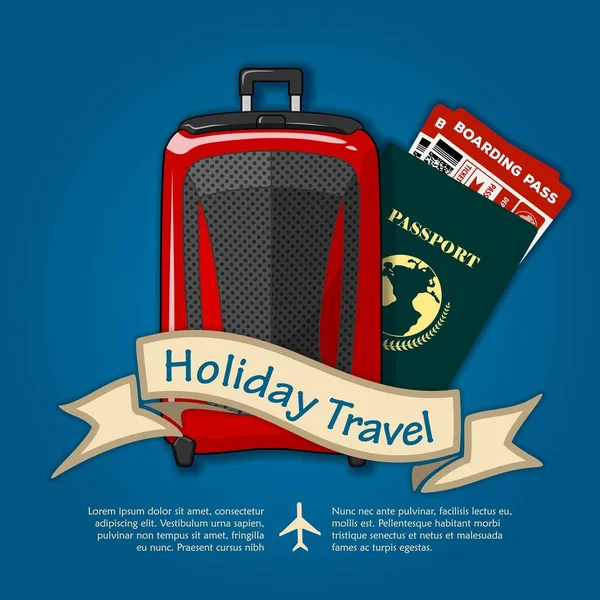 旅行の荷物と国際パスポートを持つ休日の旅行バナーやポスターは、飛行機で旅行のチケットを渡します。旅行や休暇のためのコンセプト。ベクターイラスト — ストックベクタ