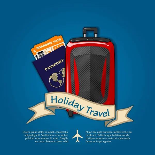 Férias Banner de viagem ou cartaz com bagagem de viagem e passaporte internacional com bilhetes de embarque para viajar de avião. Conceito para viagens e férias. Ilustração vetorial — Vetor de Stock