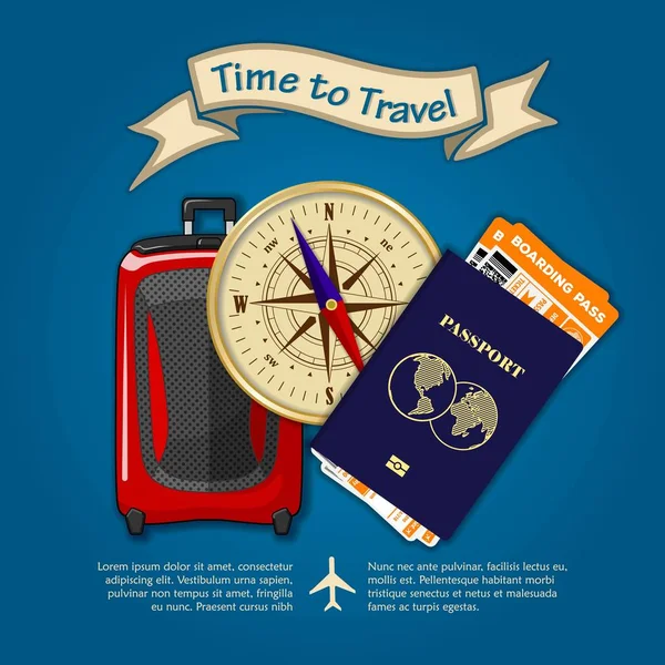 Seyahat zamanı. Uçak ile seyahat için Bagaj, uluslararası pasaport ve Biniş bileti biletleri. Seyahat ve tatil için konsept. Vektör Illustration — Stok Vektör