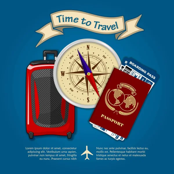 Tempo per viaggiare. Bagagli da viaggio, passaporto internazionale e carte d'imbarco biglietti per viaggiare in aereo. Concetto per viaggi e vacanze. Illustrazione vettoriale — Vettoriale Stock