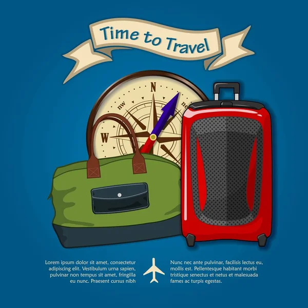 Tiempo para viajar. Equipaje de viaje, brújula y bolsa de viaje. Concepto para viajes y vacaciones. Ilustración vectorial — Archivo Imágenes Vectoriales