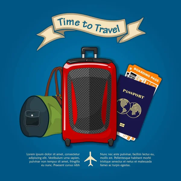 Zeit zu reisen. Reisegepäck, internationaler Reisepass und Bordkarten für Flugreisen. Konzept für Reisen und Urlaub. Vektorillustration — Stockvektor