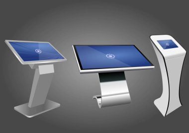 Üç promosyon etkileşimli bilgileri Kiosk, reklam görüntüleme, Terminal Stand, dokunmatik ekran. Şablonu alay