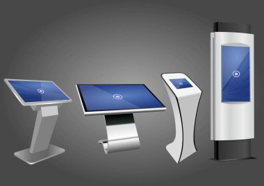Dört promosyon etkileşimli bilgileri Kiosk, reklam görüntüleme, Terminal Stand, dokunmatik ekran. Şablonu alay