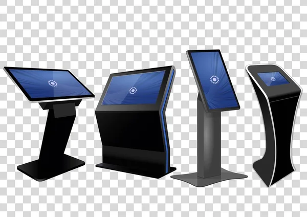 Fyra PR interaktiv Information Kiosk reklam Display, Terminal utmärker, Touch Screen Display isolerad på transparent bakgrund. Håna upp mall — Stock vektor
