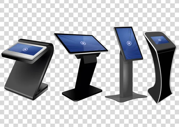 Empat Promosi Interaktif Informasi Kiosk, Periklanan Tampilan, Terminal Stand, Touch Layar Display terisolasi pada latar belakang transparan. Templat Mock Up - Stok Vektor