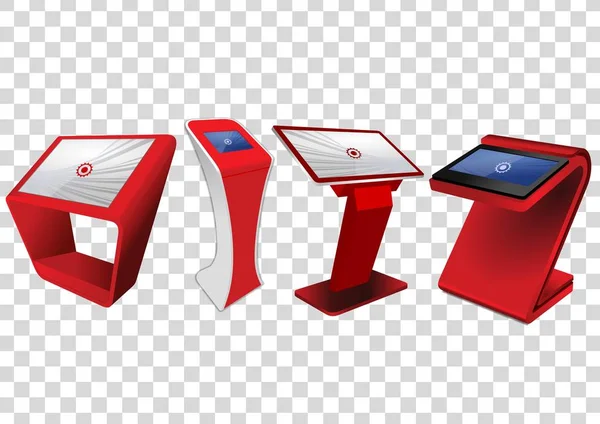 Четыре Red Promotional Интерактивная информация киоск, Рекламный дисплей, Терминал стенд, Сенсорный экран дисплей изолированы на прозрачном фоне. Шаблон макета — стоковый вектор