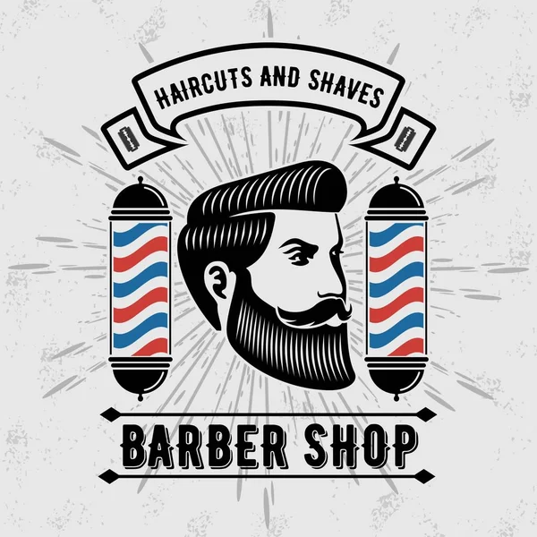 Barber shop vintage label, badge, or emblem with scissors, hair clipper and  razors on gray background. Haircuts and shaves. Vector illustration Stock  Vector by ©zfmbek 208048784