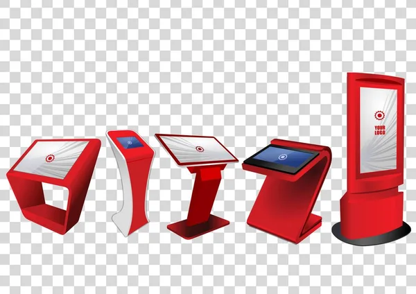 Cinque chiosco informativo interattivo promozionale rosso, display pubblicitario, supporto terminale, display touch screen isolato su sfondo trasparente. Modello finto — Vettoriale Stock