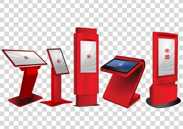 Cinque chiosco informativo interattivo promozionale rosso, display pubblicitario, supporto terminale, display touch screen isolato su sfondo trasparente. Modello finto — Vettoriale Stock