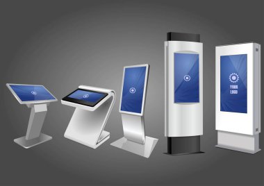 Beş promosyon etkileşimli bilgileri Kiosk, reklam görüntüleme, Terminal Stand, dokunmatik ekran. Şablonu alay