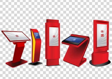 Beş kırmızı promosyon etkileşimli bilgi noktası, reklam görüntüleme, Terminal Stand, dokunmatik ekran üzerinde şeffaf arka plan izole ekran. Şablonu alay