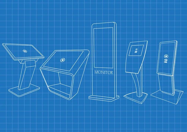 Blaupause von fünf interaktiven Werbekiosk, Werbedisplay, Terminal-Stand, Touchscreen-Display. Vorlage gefälscht — Stockvektor