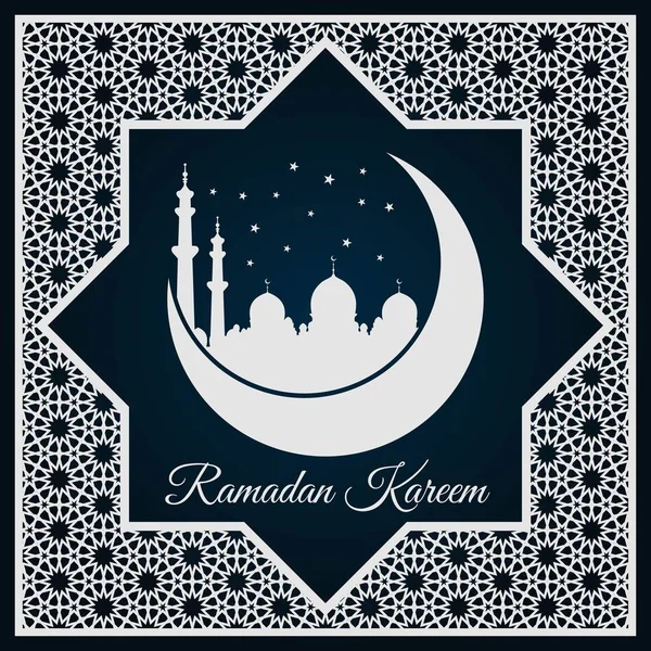 Ramadan Kareem greeting card or banner with Mosque silhouette on crescent moon and Arabic ornament, Islamic pattern. — Stock Vector