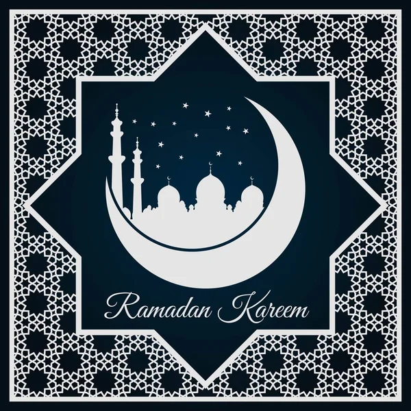 Ramadan Kareem kartu ucapan atau spanduk dengan Masjid siluet pada bulan sabit dan ornamen Arab, pola Islam. - Stok Vektor