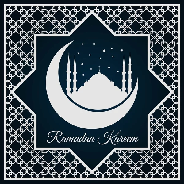 Ramadan Kareem blahopřání nebo prapor s mešitou silueta na půlměsíci a arabské ornament, islámský vzor. — Stockový vektor