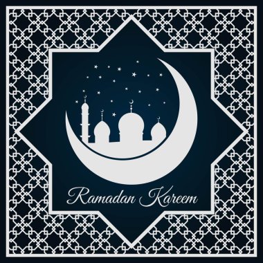 Hilal ay ve Arap süsü, İslami desen üzerinde cami silueti bulunan Ramazan Kareem tebrik kartı veya afişi. 