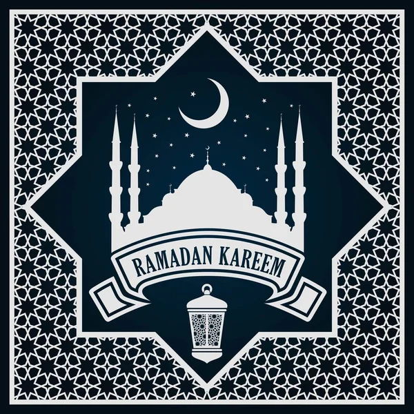 Ramadan Kareem wenskaart of banner met moskee silhouet op halve maan en Arabisch ornament, Islamitisch patroon. — Stockvector