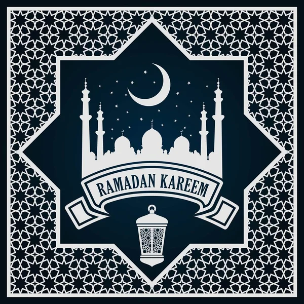 Ramadan Kareem wenskaart of banner met moskee silhouet op halve maan en Arabisch ornament, Islamitisch patroon. — Stockvector