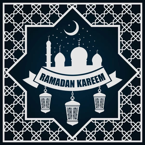 Ramadan Kareem wenskaart of banner met moskee silhouet op halve maan en Arabisch ornament, Islamitisch patroon. — Stockvector