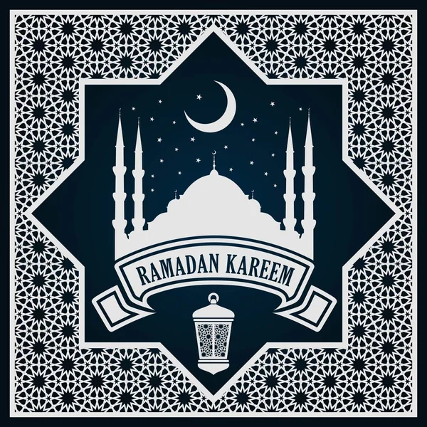 Ramadan Kareem wenskaart of banner met moskee silhouet op halve maan en Arabisch ornament, Islamitisch patroon. — Stockvector