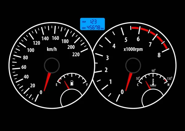 Bilinstrument bräda med hastighetsmätare, varvräknare, bränsle och temperaturmätare. Vektor illustration — Stock vektor