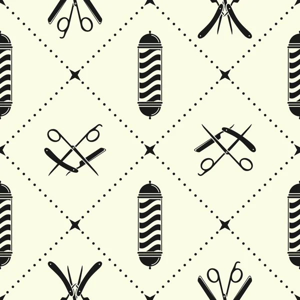 Kappers naadloze patroon met Barber Pole, kappersscharen en scheermes. Vector illustratie — Stockvector
