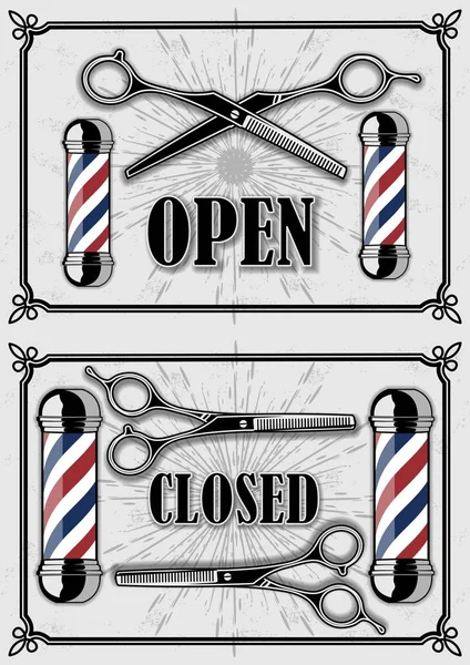 Open and Closed Signs for Barbershop with scissors — Stock Vector