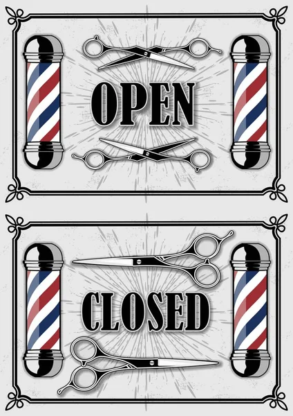 Panneaux ouverts et fermés pour salon de coiffure avec ciseaux — Image vectorielle