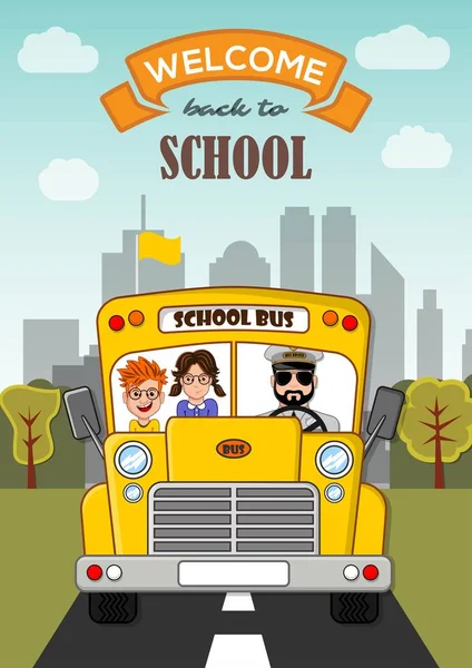 Modèle d'affiche de retour à l'école avec autobus scolaire . — Image vectorielle