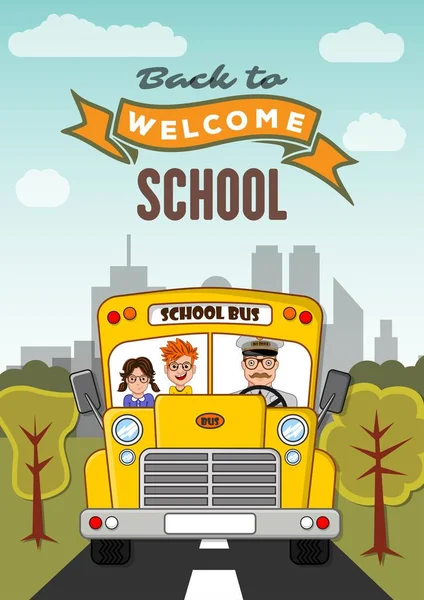 학교 버스와 학교 포스터 템플릿으로 돌아가기. — 스톡 벡터
