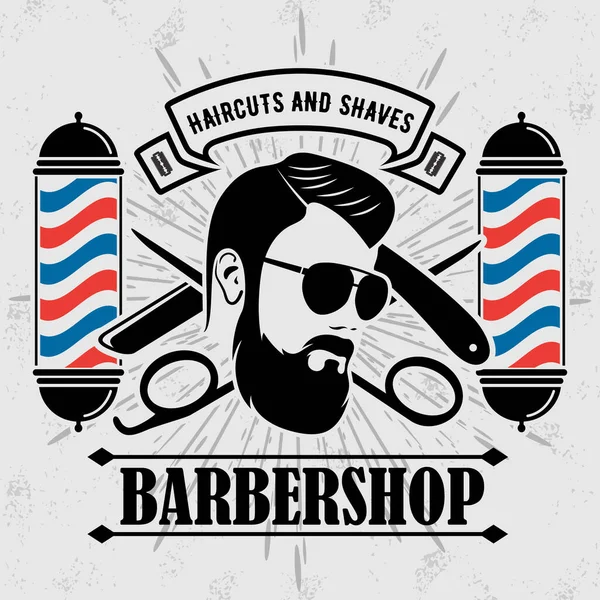 Logotipo de barbearia, cartaz ou conceito de design de banner com poste de barbeiro. Ilustração vetorial —  Vetores de Stock