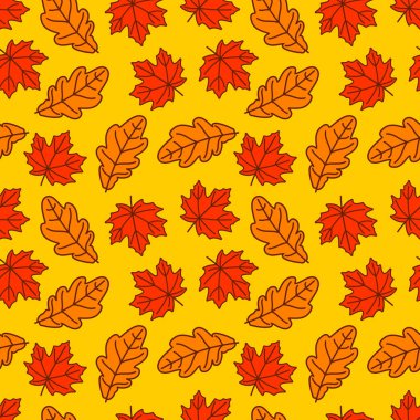 Sonbahar meşesi ve akçaağaç yapraklarıyla kusursuz desen. Vektör illüstrasyonu