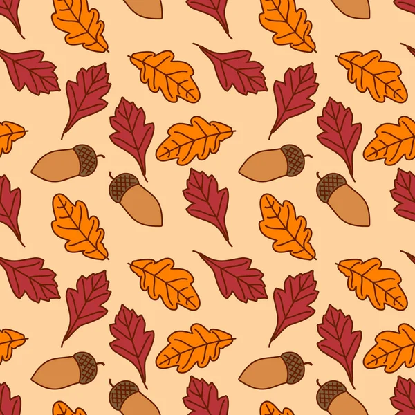 Naadloze patroon met en eikels, herfst eik en meidoorn bladeren. Vectorillustratie — Stockvector