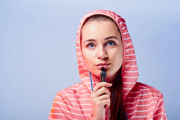 Portrait Young Girl Bright Jacket Hood Headphones Smoking Vape Isolated — Stock Photo, Image