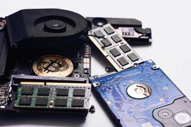 Bitcoin kavramı - altın sikke, bilgisayar devre kartı ile bitcoin oluşum ve miniyonga. Elektronik para, internet finans ve ypto para birimi. Bitcoin incelemesi.