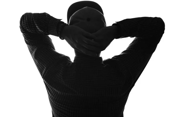 Back Side Young Man Holding His Hands Cap Silhouette Black — Stock Photo, Image